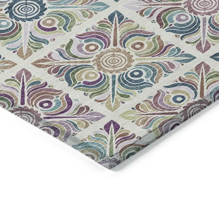 8' X 10' Ivory Purple And Teal Blue Medallion Washable Indoor Outdoor Area Rug