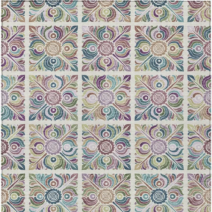 8' X 10' Ivory Purple And Teal Blue Medallion Washable Indoor Outdoor Area Rug