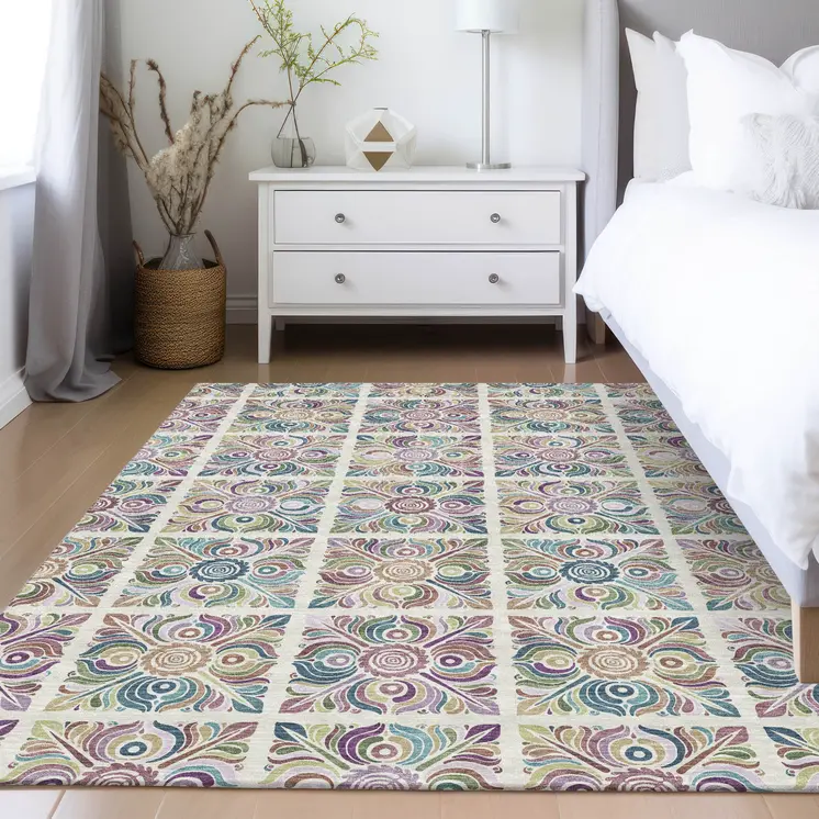 8' X 10' Ivory Purple And Teal Blue Medallion Washable Indoor Outdoor Area Rug