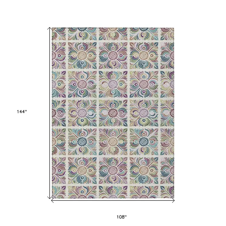 9' X 12' Ivory Purple And Teal Blue Medallion Washable Indoor Outdoor Area Rug