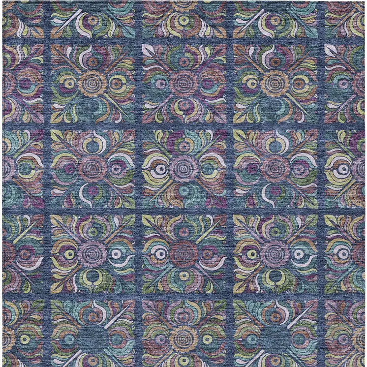 3' X 5' Navy Blue Purple And Teal Blue Medallion Washable Indoor Outdoor Area Rug