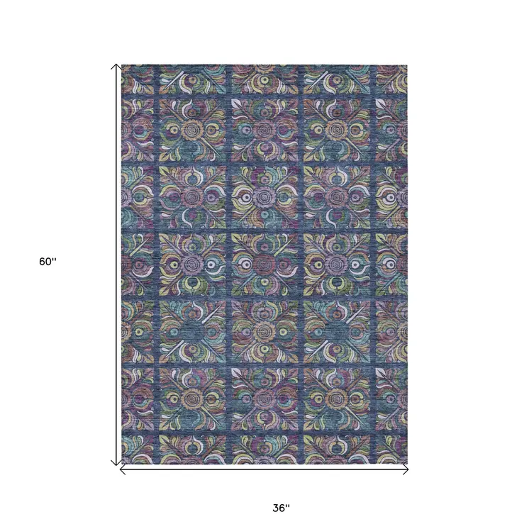 3' X 5' Navy Blue Purple And Teal Blue Medallion Washable Indoor Outdoor Area Rug