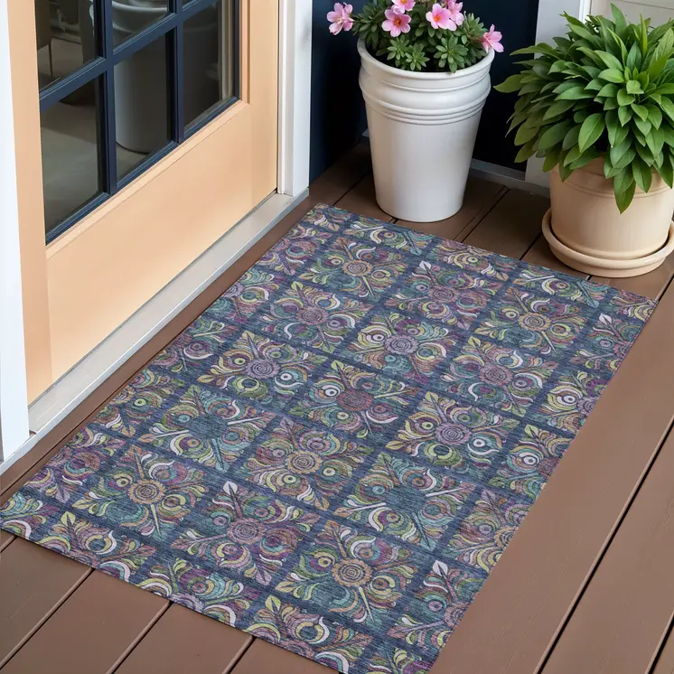 3' X 5' Navy Blue Purple And Teal Blue Medallion Washable Indoor Outdoor Area Rug