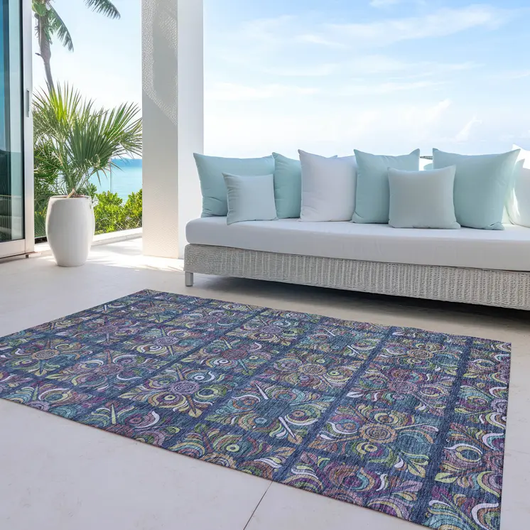 3' X 5' Navy Blue Purple And Teal Blue Medallion Washable Indoor Outdoor Area Rug