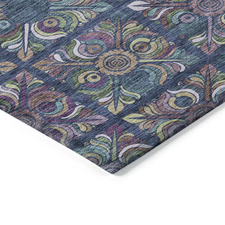 3' X 5' Navy Blue Purple And Teal Blue Medallion Washable Indoor Outdoor Area Rug