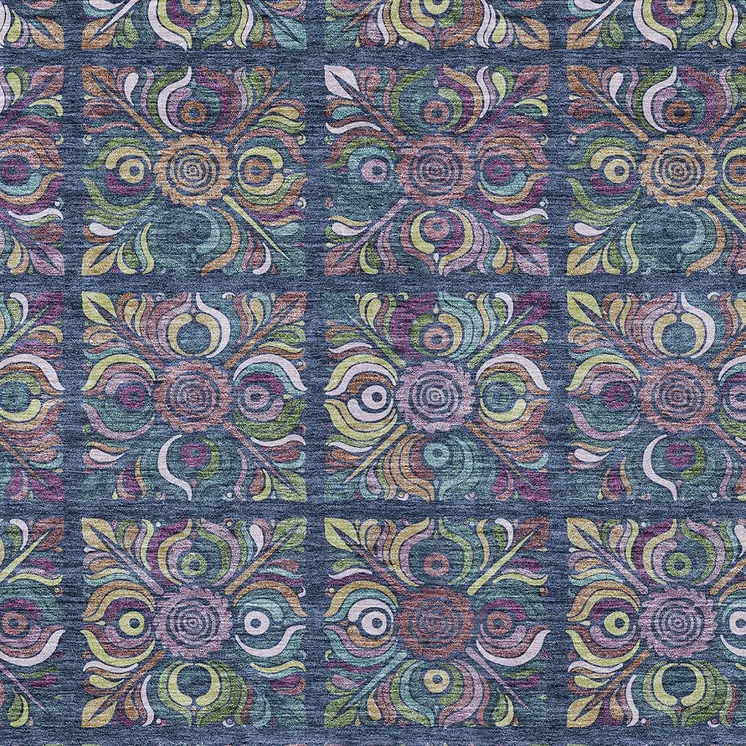 3' X 5' Navy Blue Purple And Teal Blue Medallion Washable Indoor Outdoor Area Rug
