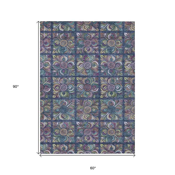 5' X 8' Navy Blue Purple And Teal Blue Medallion Washable Indoor Outdoor Area Rug