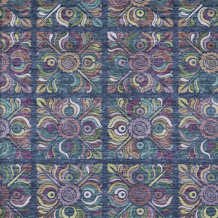 5' X 8' Navy Blue Purple And Teal Blue Medallion Washable Indoor Outdoor Area Rug