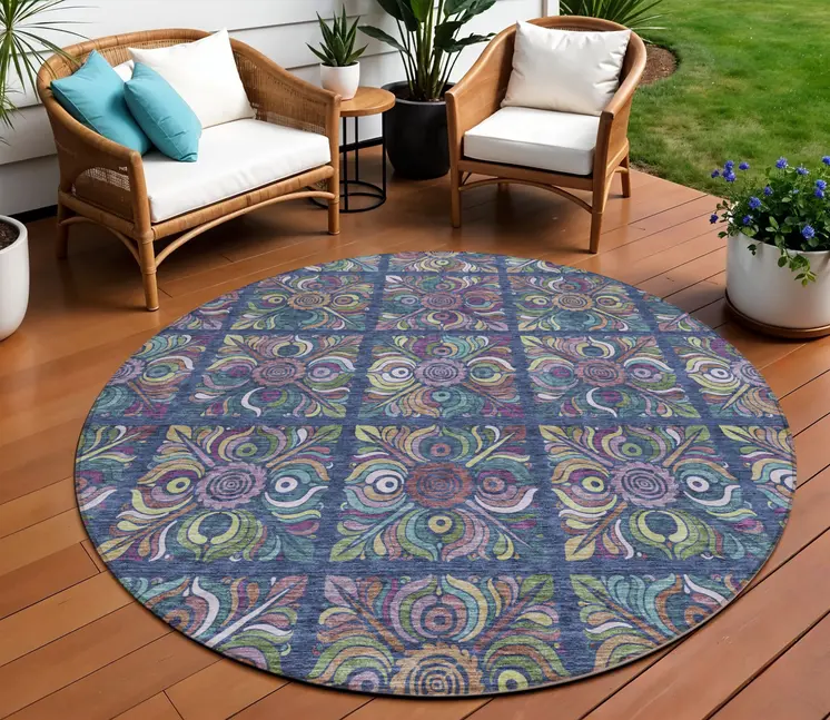 8' Navy Blue Purple And Teal Blue Round Medallion Washable Indoor Outdoor Area Rug