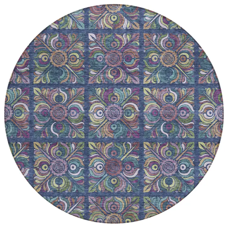 8' Navy Blue Purple And Teal Blue Round Medallion Washable Indoor Outdoor Area Rug