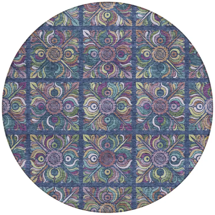 8' Navy Blue Purple And Teal Blue Round Medallion Washable Indoor Outdoor Area Rug