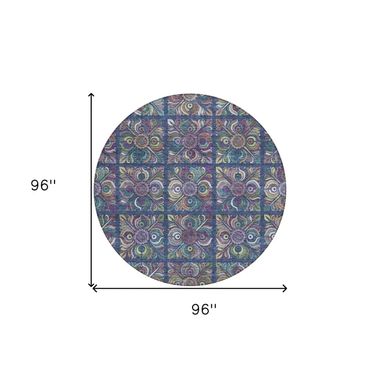 8' Navy Blue Purple And Teal Blue Round Medallion Washable Indoor Outdoor Area Rug