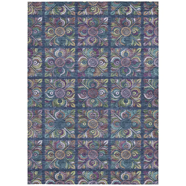 8' X 10' Navy Blue Purple And Teal Blue Medallion Washable Indoor Outdoor Area Rug