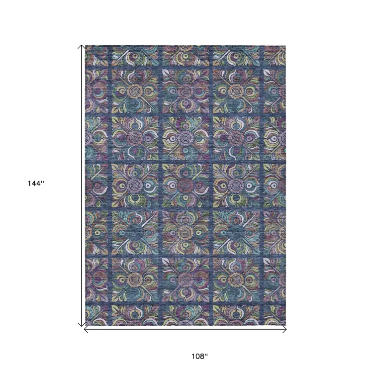 9' X 12' Navy Blue Purple And Teal Blue Medallion Washable Indoor Outdoor Area Rug