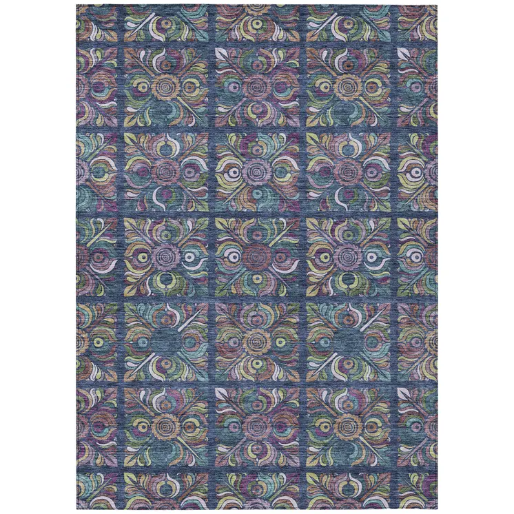 9' X 12' Navy Blue Purple And Teal Blue Medallion Washable Indoor Outdoor Area Rug