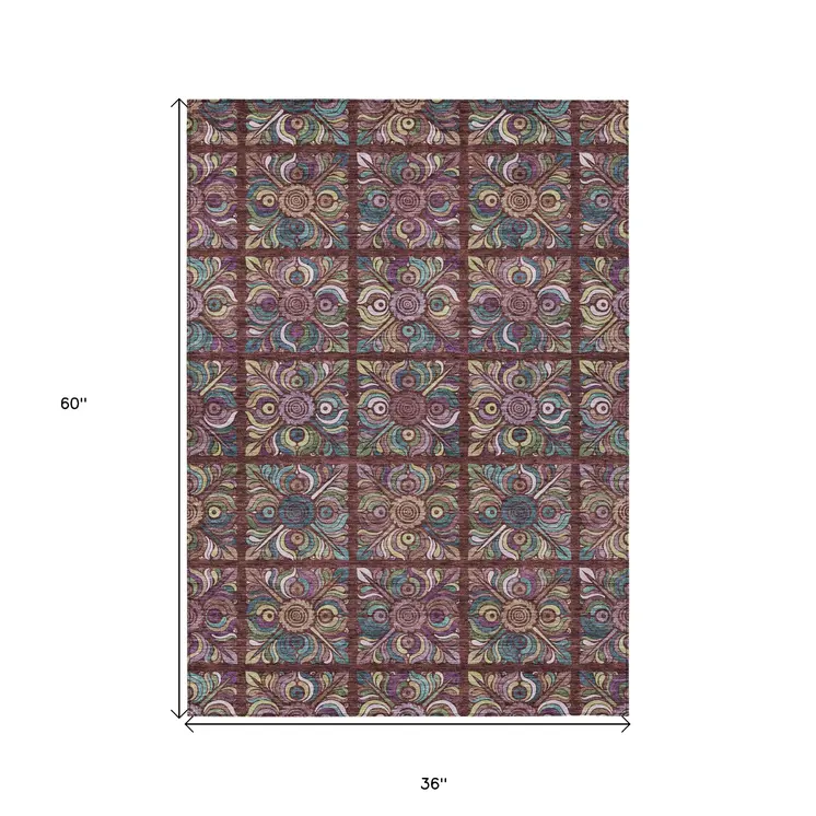 3' X 5' Orange Purple And Teal Blue Medallion Washable Indoor Outdoor Area Rug