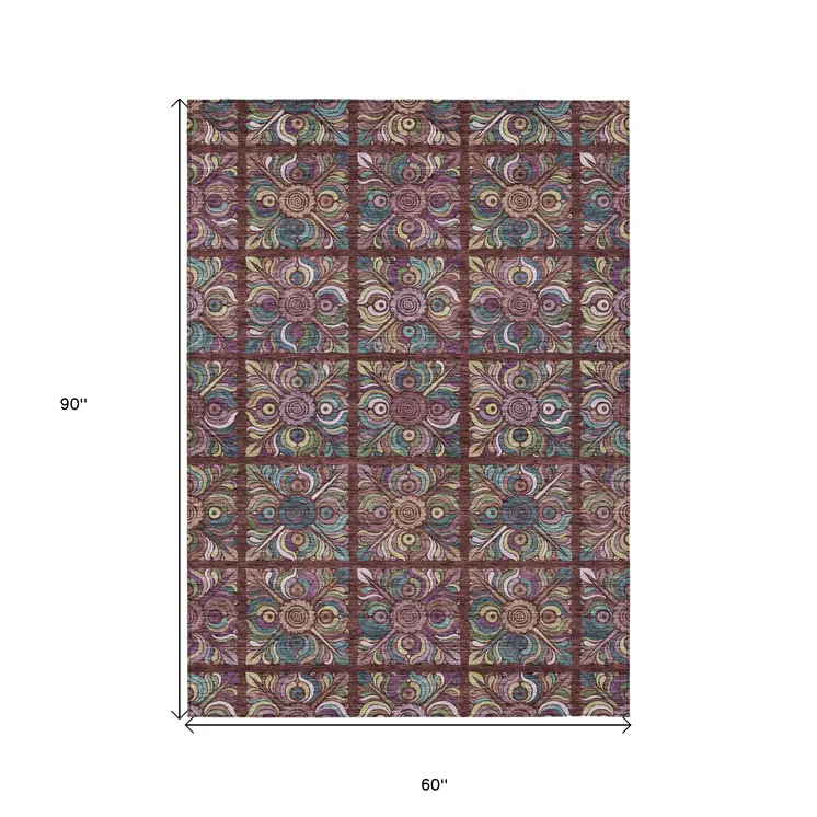 5' X 8' Orange Purple And Teal Blue Medallion Washable Indoor Outdoor Area Rug