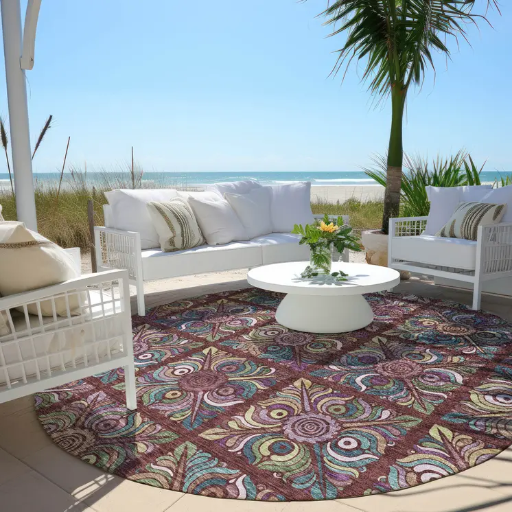 8' Orange Purple And Teal Blue Round Medallion Washable Indoor Outdoor Area Rug