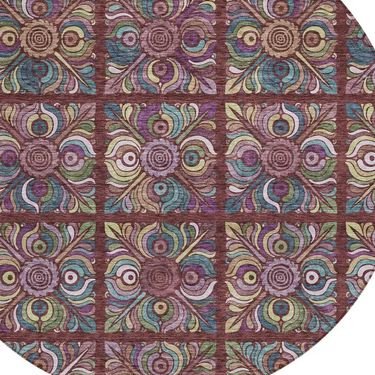 8' Orange Purple And Teal Blue Round Medallion Washable Indoor Outdoor Area Rug
