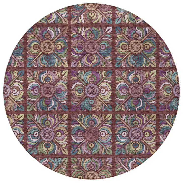 8' Orange Purple And Teal Blue Round Medallion Washable Indoor Outdoor Area Rug