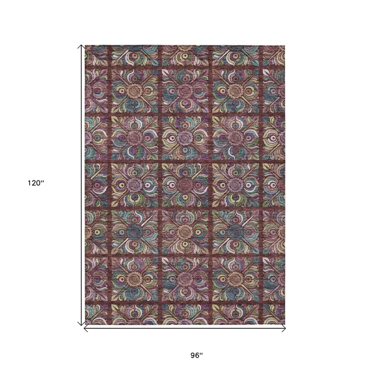 8' X 10' Orange Purple And Teal Blue Medallion Washable Indoor Outdoor Area Rug