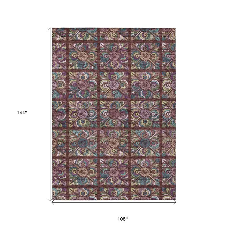 9' X 12' Orange Purple And Teal Blue Medallion Washable Indoor Outdoor Area Rug