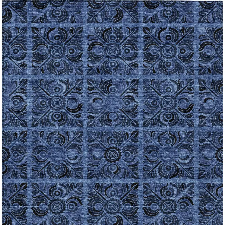 3' X 5' Denim Blue And Charcoal Medallion Washable Indoor Outdoor Area Rug