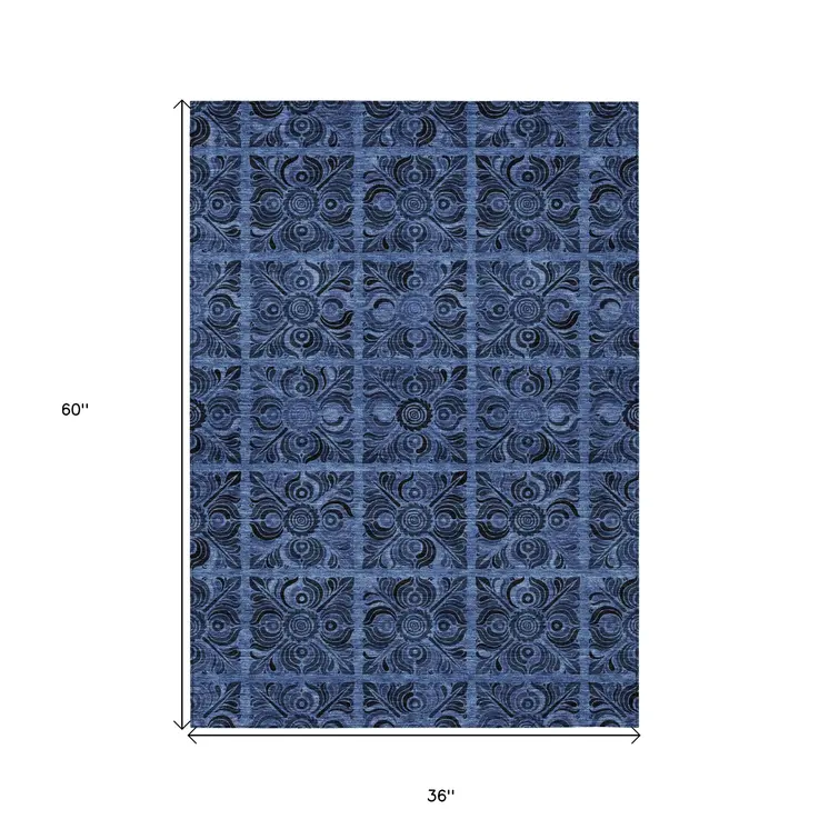 3' X 5' Denim Blue And Charcoal Medallion Washable Indoor Outdoor Area Rug