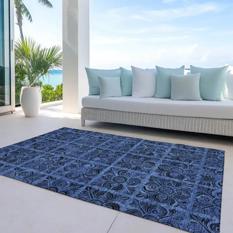 3' X 5' Denim Blue And Charcoal Medallion Washable Indoor Outdoor Area Rug