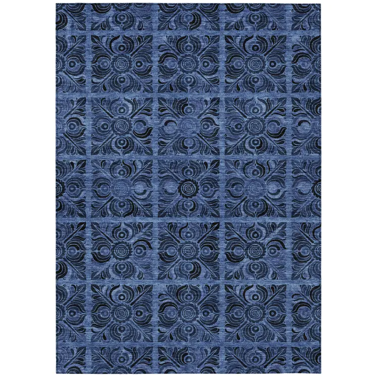 3' X 5' Denim Blue And Charcoal Medallion Washable Indoor Outdoor Area Rug