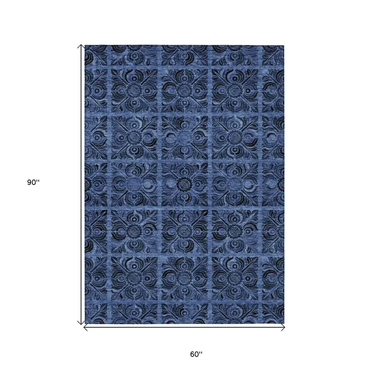 5' X 8' Denim Blue And Charcoal Medallion Washable Indoor Outdoor Area Rug