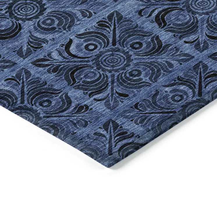 9' X 12' Denim Blue And Charcoal Medallion Washable Indoor Outdoor Area Rug