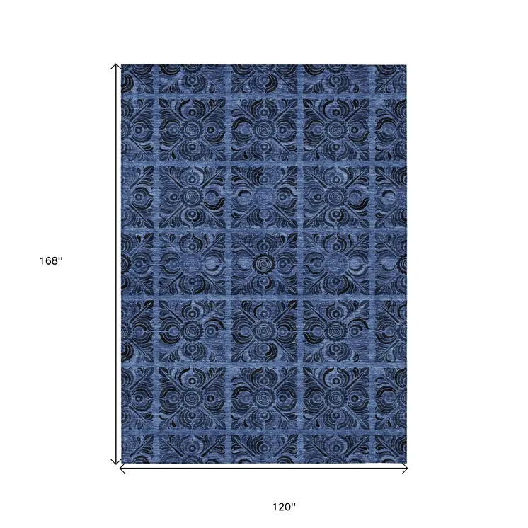 10' X 14' Denim Blue And Charcoal Medallion Washable Indoor Outdoor Area Rug