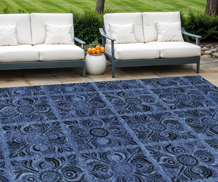 10' X 14' Denim Blue And Charcoal Medallion Washable Indoor Outdoor Area Rug