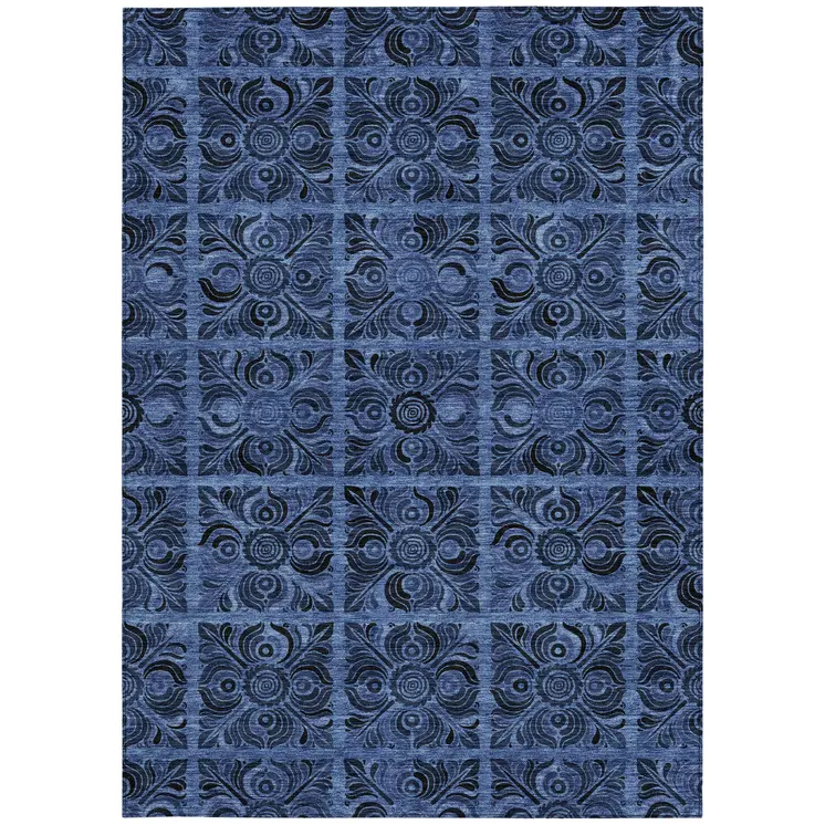 10' X 14' Denim Blue And Charcoal Medallion Washable Indoor Outdoor Area Rug