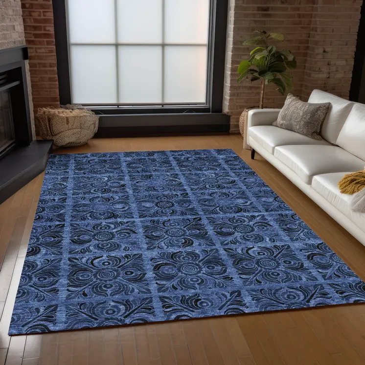 10' X 14' Denim Blue And Charcoal Medallion Washable Indoor Outdoor Area Rug