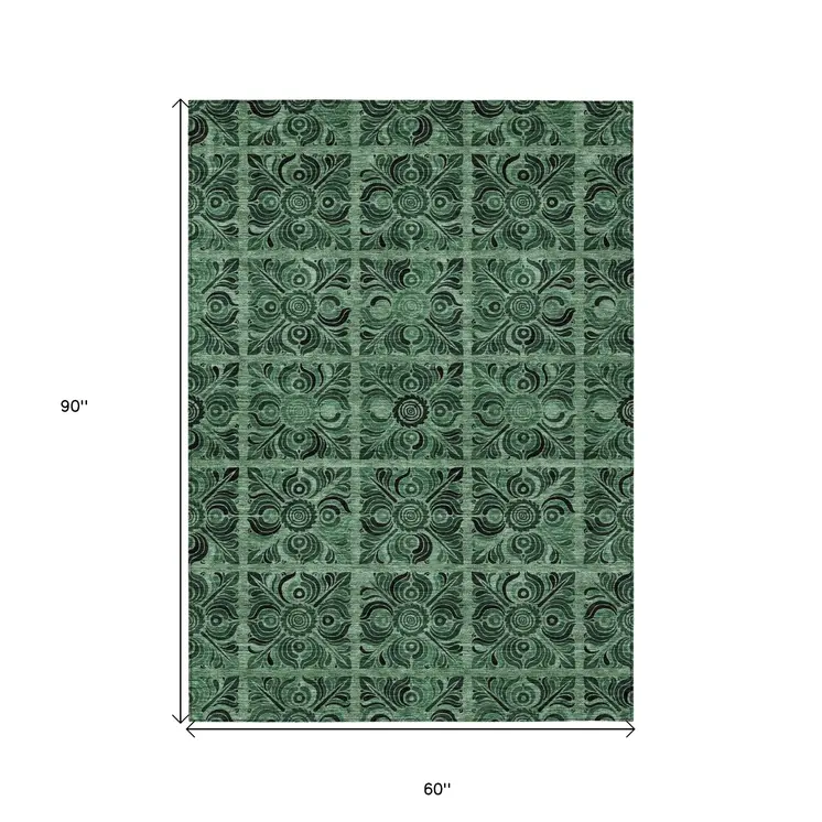 5' X 8' Fern Green And Charcoal Medallion Washable Indoor Outdoor Area Rug