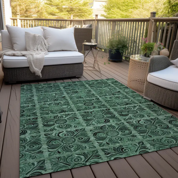 5' X 8' Fern Green And Charcoal Medallion Washable Indoor Outdoor Area Rug