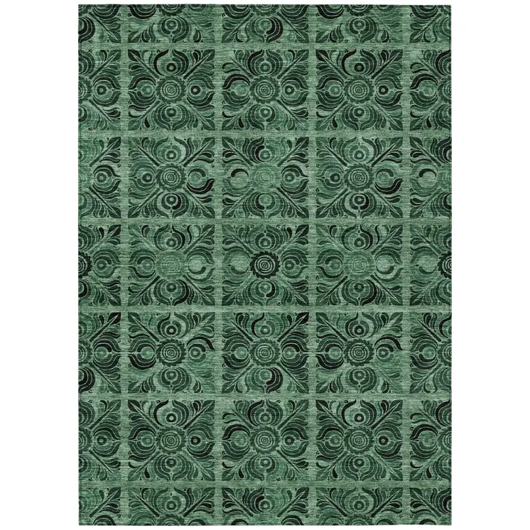 5' X 8' Fern Green And Charcoal Medallion Washable Indoor Outdoor Area Rug