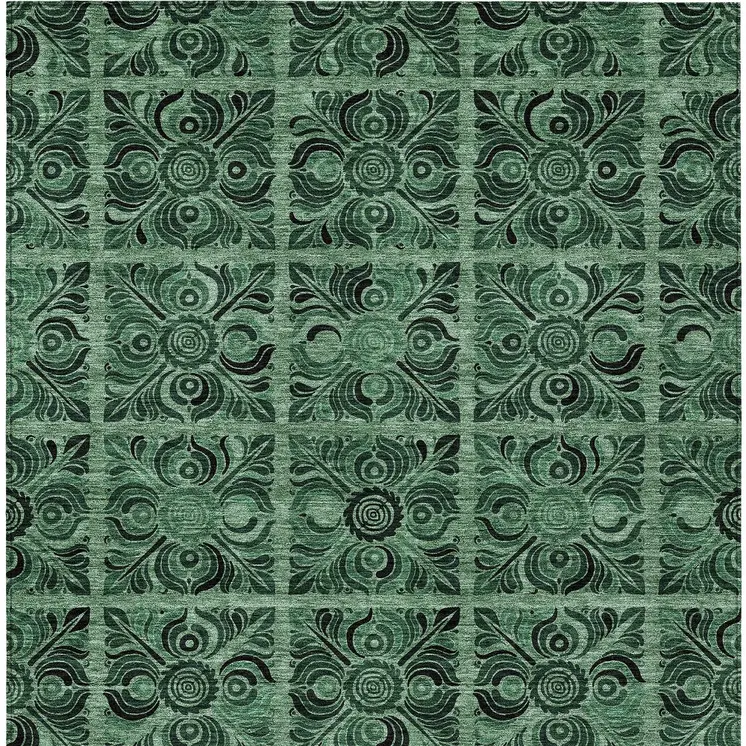 5' X 8' Fern Green And Charcoal Medallion Washable Indoor Outdoor Area Rug