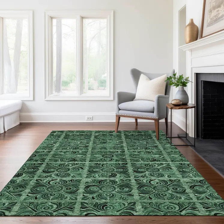 5' X 8' Fern Green And Charcoal Medallion Washable Indoor Outdoor Area Rug