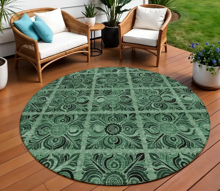 8' Fern Green And Charcoal Round Medallion Washable Indoor Outdoor Area Rug