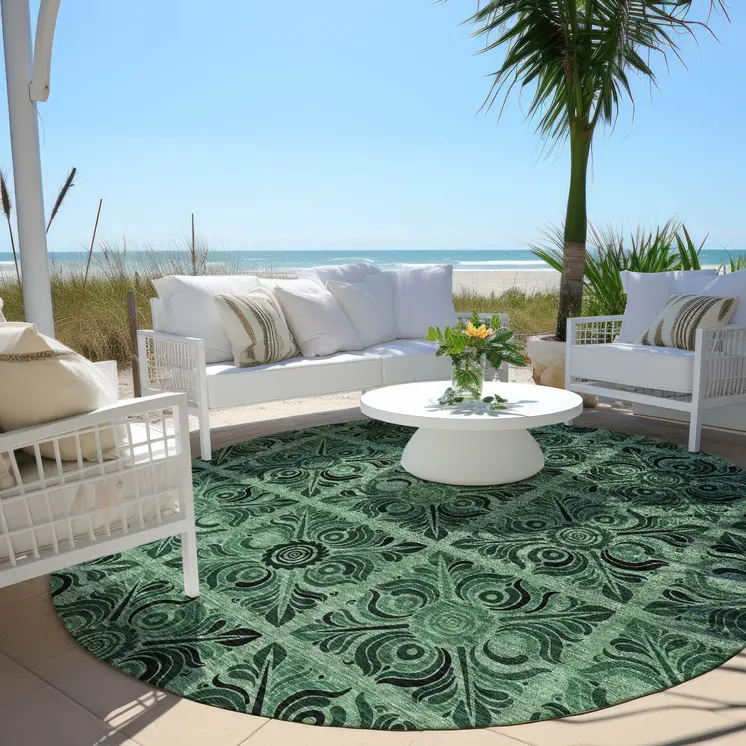 8' Fern Green And Charcoal Round Medallion Washable Indoor Outdoor Area Rug