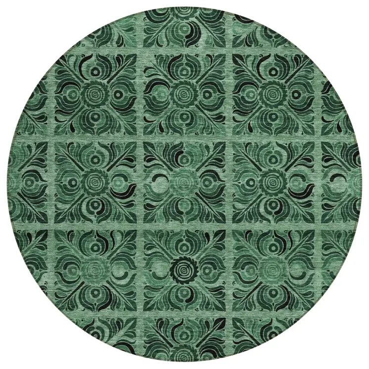 8' Fern Green And Charcoal Round Medallion Washable Indoor Outdoor Area Rug