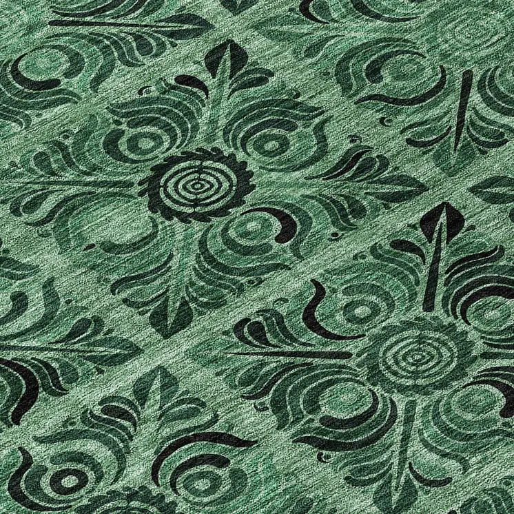 8' Fern Green And Charcoal Round Medallion Washable Indoor Outdoor Area Rug