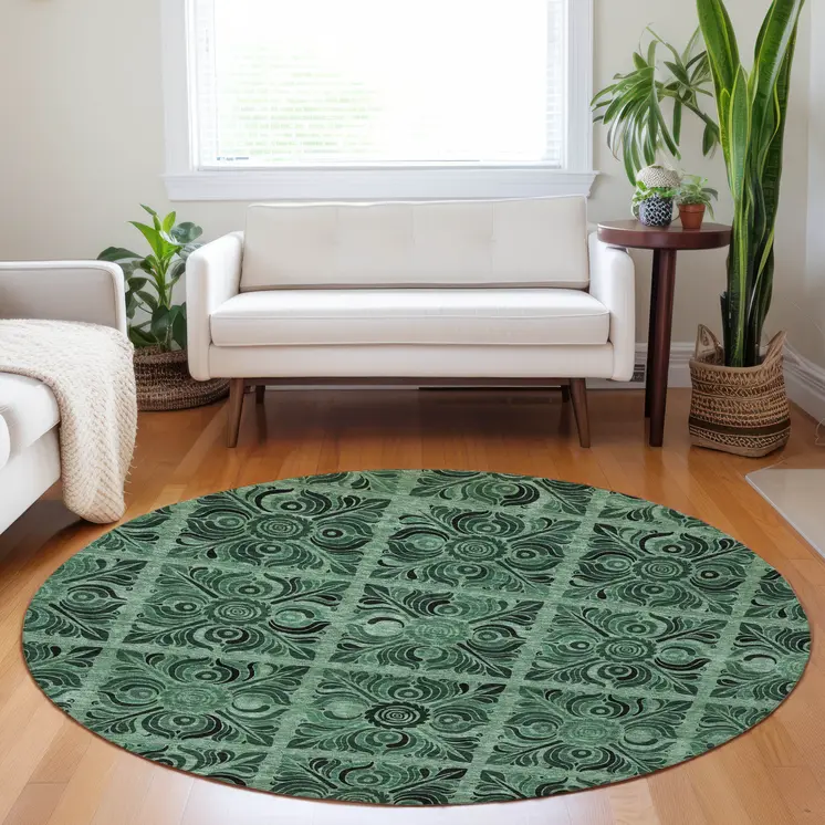 8' Fern Green And Charcoal Round Medallion Washable Indoor Outdoor Area Rug