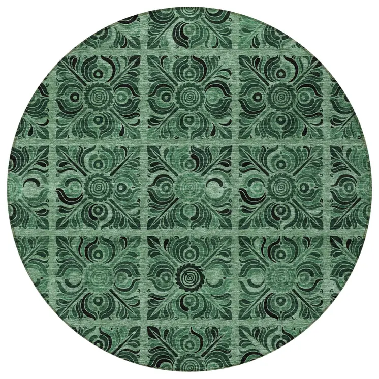 8' Fern Green And Charcoal Round Medallion Washable Indoor Outdoor Area Rug