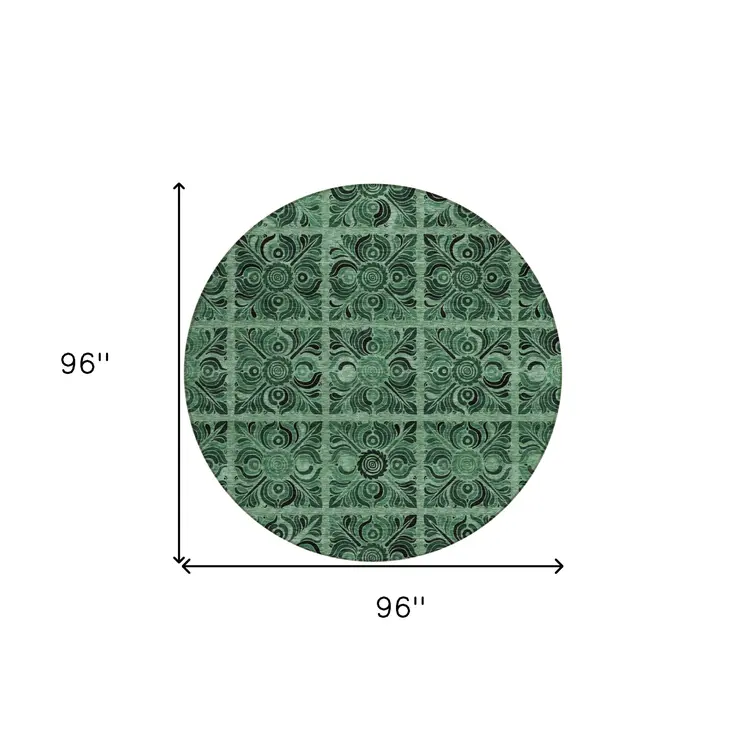 8' Fern Green And Charcoal Round Medallion Washable Indoor Outdoor Area Rug