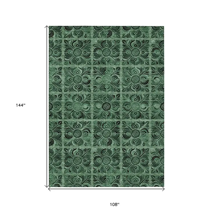 9' X 12' Fern Green And Charcoal Medallion Washable Indoor Outdoor Area Rug