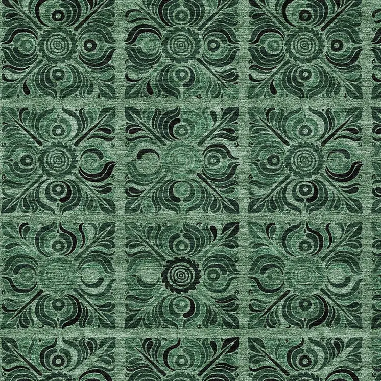 9' X 12' Fern Green And Charcoal Medallion Washable Indoor Outdoor Area Rug